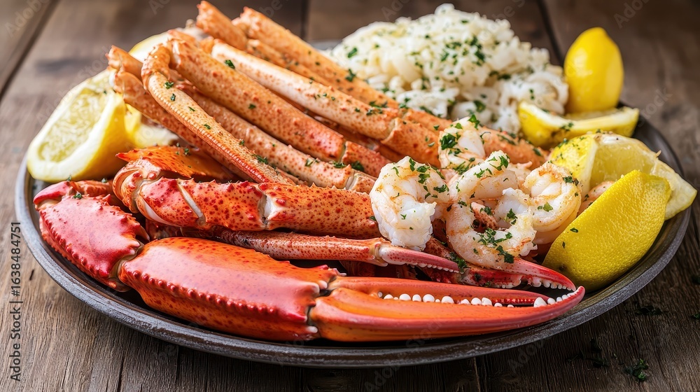 Fresh Seafood Platter with Shrimp, Crab, Lemon, and Rice Fresh Seafood Platter with Shrimp, Crab, Lemon, and Rice