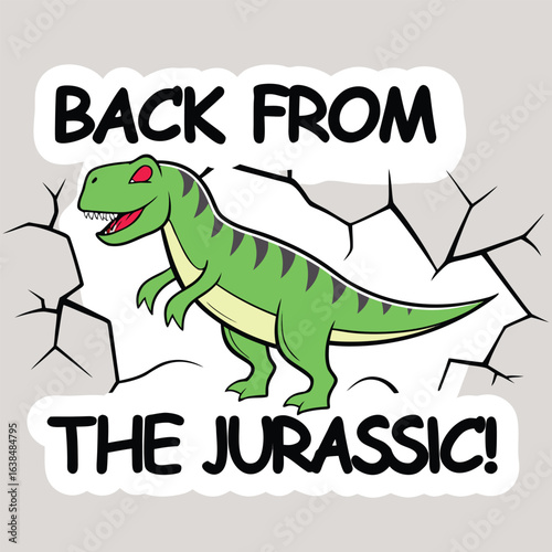 Cartoon green dinosaur appears breaking through cracked wall with Jurassic text, transparent background