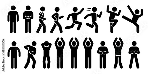 Minimalist stick figure icons showcasing various human activities and expressive body movements art