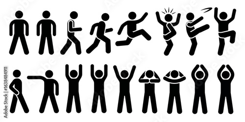 Minimalist stick figure icons showcasing various human activities and expressive body movements art
