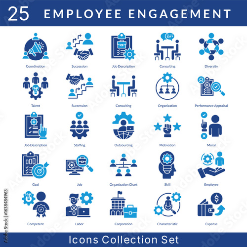 Employee Engagement icon set collection in solid glyph style. an icon pack contain consulting, diversity, talent, organization, performance appraisal, staffing, outsourcing, motivation, moral, goal