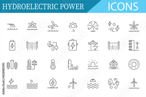 Line Art Icons Representing Hydroelectric Power and Sustainable Energy