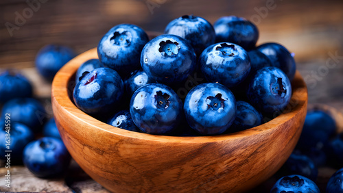 Wallpaper Mural A wooden bowl overflowing with plump, juicy blueberries. The deep blue color of the berries contrasts beautifully with the warm tones of the bowl and the dark background. Torontodigital.ca