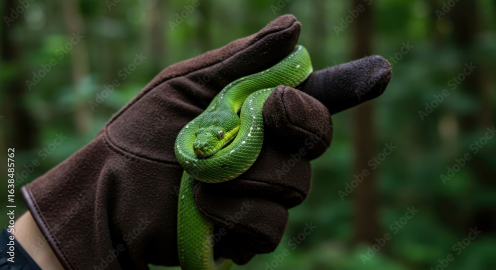 Obraz premium Detailed view of snake being gently held in gloved hand