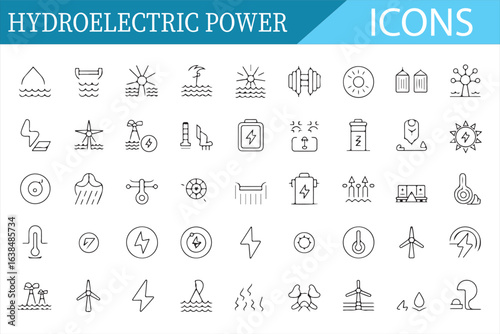 Minimalist Icons of Hydroelectric Power, Energy, and Sustainability