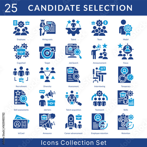 Candidate Selection icon set collection in solid glyph style. an icon pack contain employee, hiring costs, talent, team, medal, cogwheel, target, job search, announcement, focus