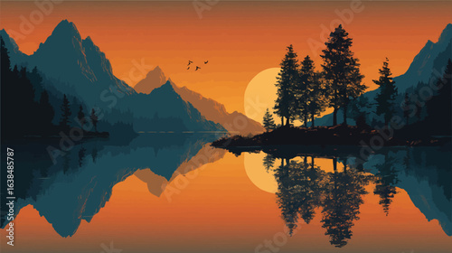 Serene mountain lake reflection at sunset with pine trees