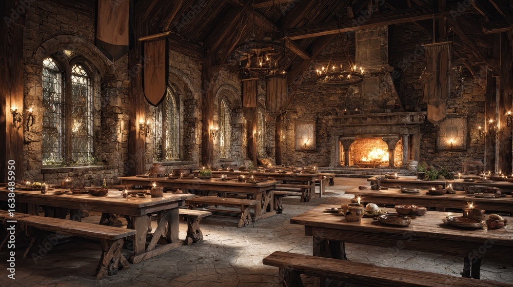 Fototapeta premium Medieval Great Hall Feast, Stone Walls, Fire, Banquet