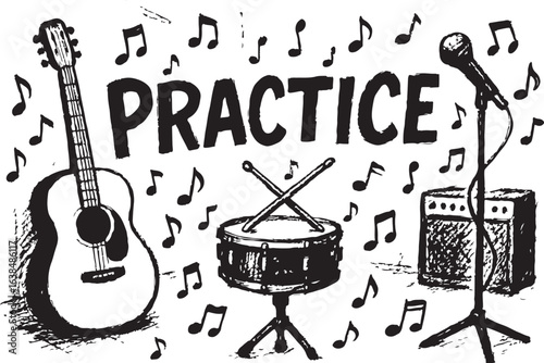 Music practice illustration with guitar, drums, microphone, and musical notes surrounding the word PRACTICE.