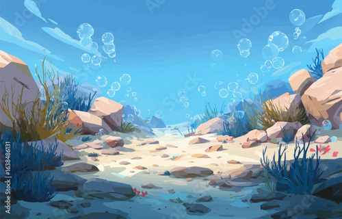 Underwater scene with sandy seabed rocks and blue sky with clouds