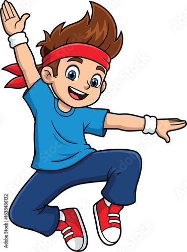 Cartoon character jumping, cheerful boy pose, red headband, blue outfit, energetic action, vector art, flat illustration, cad drawing
