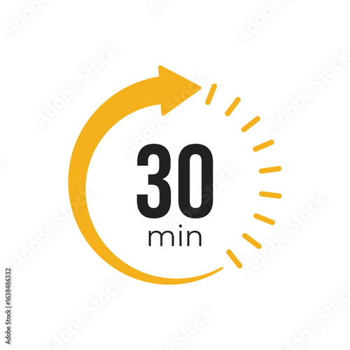 Thirty minute countdown timer icon with circular arrow design, representing stopwatch, quick timing, scheduling, deadline, and duration tracking concept.