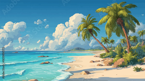 Idyllic tropical beach scene with palm trees and turquoise ocean waves