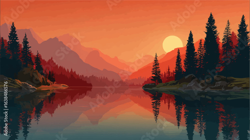 Serene mountain lake at sunset with silhouetted pine trees