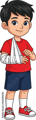 Cartoon injured child, arm in sling, recovery illustration, red shirt, blue shorts, vector clipart, bandaged arm, healing pose, isolated