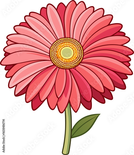 Vibrant pink gerbera daisy with green stem and leaf on black background
