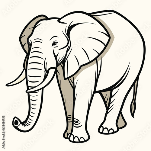 Cartoon elephant with long white tusks and big ears standing facing forward