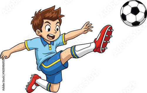 Cartoon soccer player, kicking ball action, sports character, dynamic pose, athletic outfit, vector art, flat illustration, cad drawing