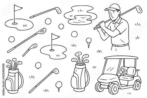 golf doodles with clubs, ball, flag, golf cart, and player vector line art