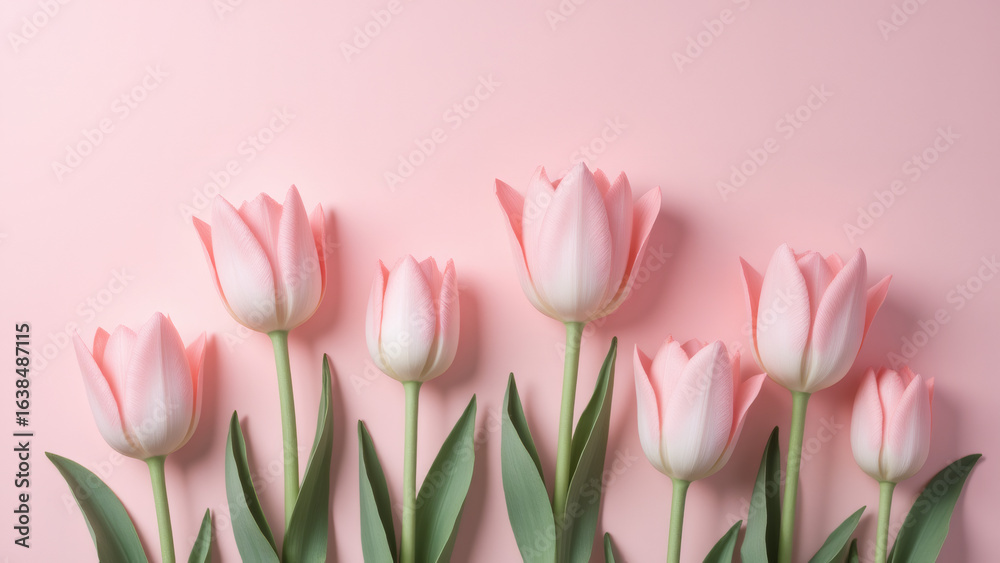 Fototapeta premium Pink tulips on a pastel background, a spring floral arrangement.