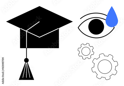 Graduation cap symbolizes education, eye with tear conveys emotion, gears reflect problem-solving or process dynamic. Ideal for education, emotion, problem analysis, learning, motivation, systems