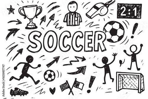 black and white soccer doodles with ball, player, referee, trophy, and goal icons, fun sport illustrations