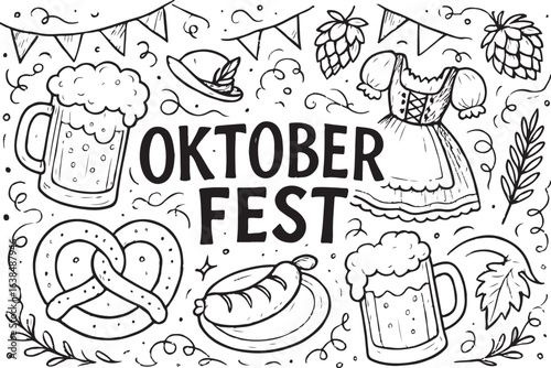 oktoberfest fun with beer, pretzel, sausages, and traditional costumes in a detailed hand drawn line art style