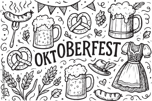 oktoberfest party design with beer mugs, pretzel, sausages, and traditional attire in sketch style illustration