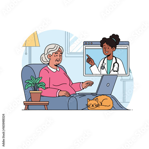 Senior woman having a video consultation with a doctor at home.