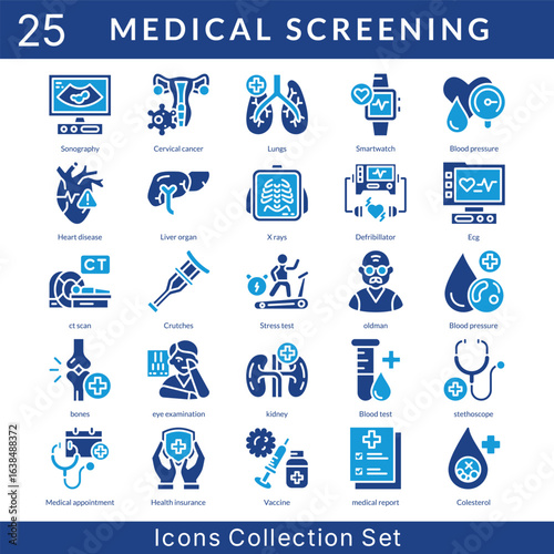 Medical Screening icon set collection in solid glyph style. an icon pack contain lungs, smartwatch, blood pressure, heart disease, liver organ, x rays, defribillator, ecg, ct scan, crutches