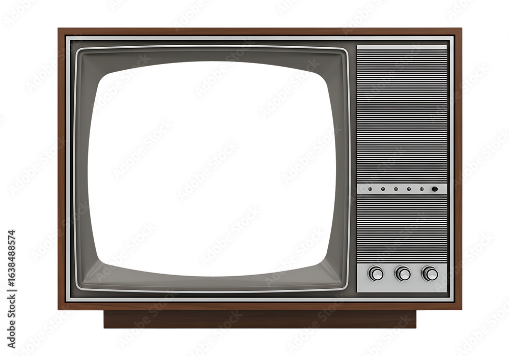 Retro brown wood television with silver accents and a blank screen, isolated on transparent background Retro brown wood television with silver accents and a blank screen, isolated on transparent background