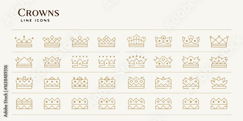Collection of elegant line art crown icons in gold