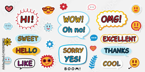Collection of colorful speech bubbles with positive and expressive words and emojis