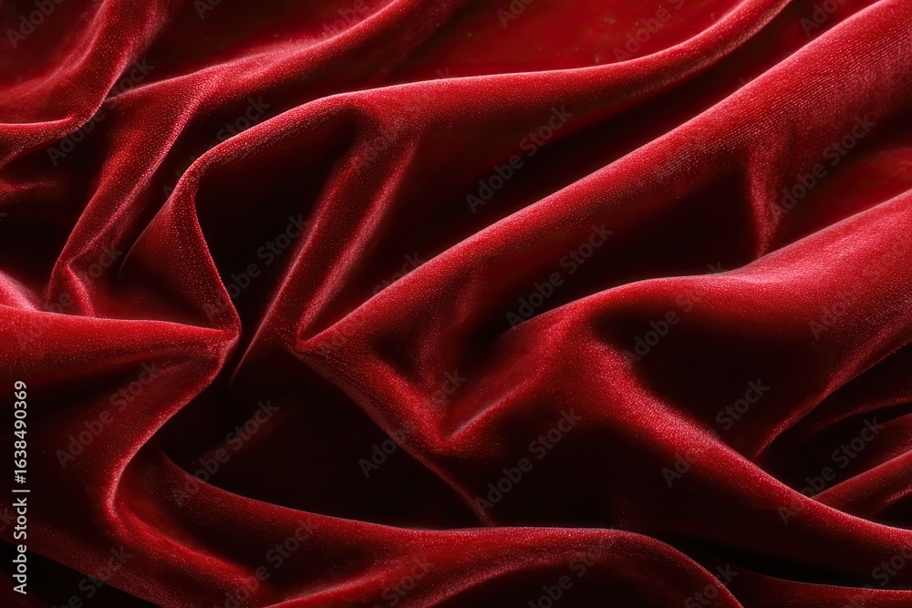 Deep crimson velvet drapes in dramatic folds Deep crimson velvet drapes in dramatic folds