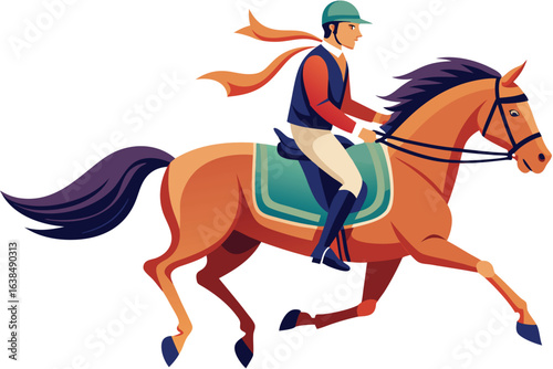 Equestrian Excellence A Horse and Rider Team Navigating a Vibrant Show Jumping Course with Skill and Precision in Perfect Harmony
