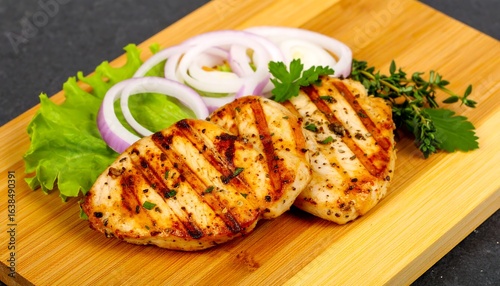 Grilled chicken breasts with onions and herbs