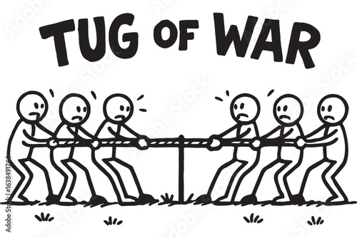 Tug of war competition with stick figures pulling a rope. Fun black and white drawing for a playful sports scene.