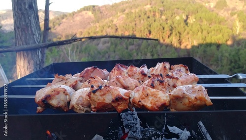 Grilled chicken skewers on a fire pit, mountain view