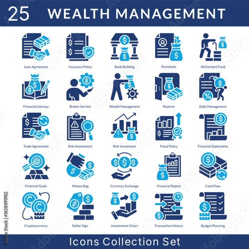 Wealth Management icon set collection in solid glyph style. an icon pack contain portofolio, retirement fund, financial literacy, broker service, wealth, reserve, debt management, trade agreement