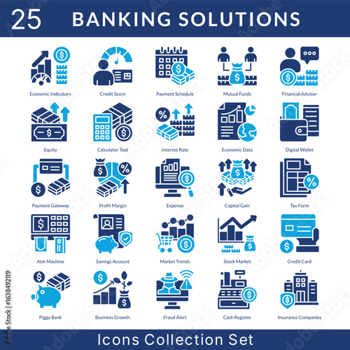 Banking Solutions icon set collection in solid glyph style. an icon pack contain mutual funds, financial advisor, equity, calculator tool, interest rate, economic data, digital wallet, payment gateway