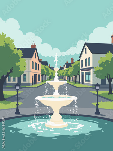 Cramlington – Cramlington Town Square fountains and plaza, palette: fountain white, plaza slate, grass green, neon teal