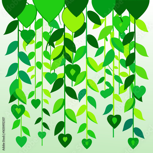 Vibrant green heart shaped leaves cascading down in a lush botanical display