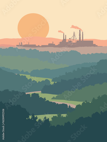 Ebbw Vale – Steelworks skyline and valley terraces, palette: steel gray, valley green, rust orange, dawn haze
