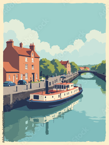 Wisbech – Georgian riverside and paddlesteamer quay, palette: terracotta, river blue, cream trim, marsh green