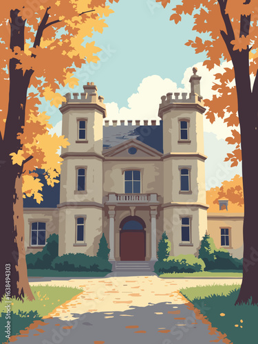Aston – Aston Hall frontage and cobbled drive in autumn, palette: sandstone, leaf amber, cobble gray, oak brown