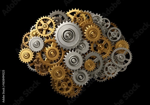Wallpaper Mural Brain shape formed by bronze and silver gears on dark background, conceptual AI mechanical brain and neural machine intelligence visualization Torontodigital.ca