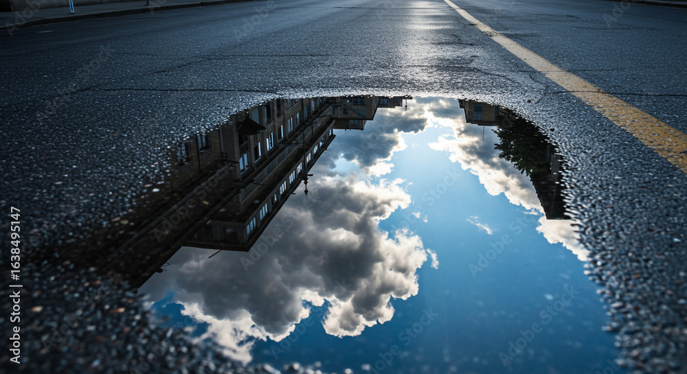 Fototapeta premium Puddle reflecting building and cloudy sky on wet asphalt road with yellow line on the side
