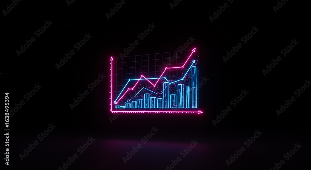 Naklejka premium Neon Digital Line Graph with Bars Showing Growing Business Trend
