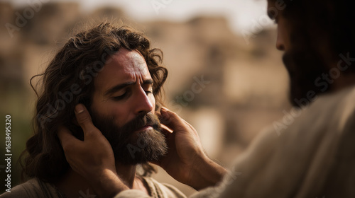 Jesus gently heals a deaf and mute man by touching his ears and tongue; the man’s face relaxes as sound reaches him amid a dusty town...