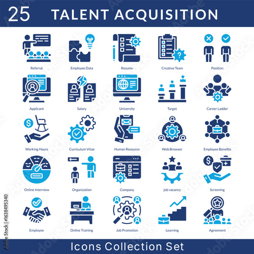 Talent Acquisition icon set collection in solid glyph style. an icon pack contain training, jigsaw, listing, questionnaire, candidates, job search, comparison, web browser, employee, leader